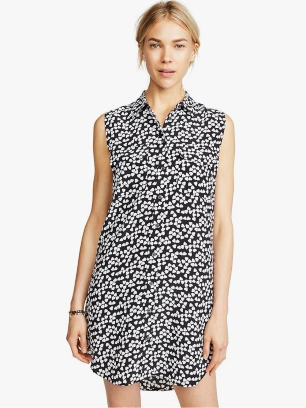 EQUIPMENT FEMME | Black and White Endless Hearts 100% Silk Shirt Dress Sz. XS